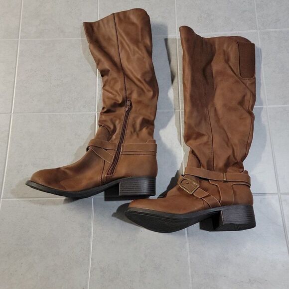 Kohls Womens Brown Leather Round Toe Block Heel Knee High Riding Boot Size 8.5 W - Picture 2 of 8